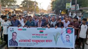 টুকেরবাজারে এড. সামসুজ্জামান জামানের পক্ষে ৩১ দফার লিফলেট বিতরণ